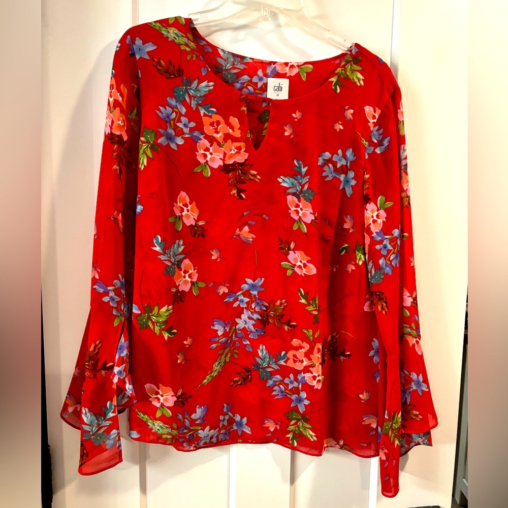 Cabi 3590 Devoted Blouse Red Floral Bell Sleeve